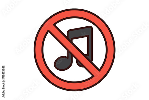 No music sign vector icon. Silence symbol concept. Keep quiet pictogram. Forbidden sound and audio signal. Mute button illustration. Red prohibition warning for public places.