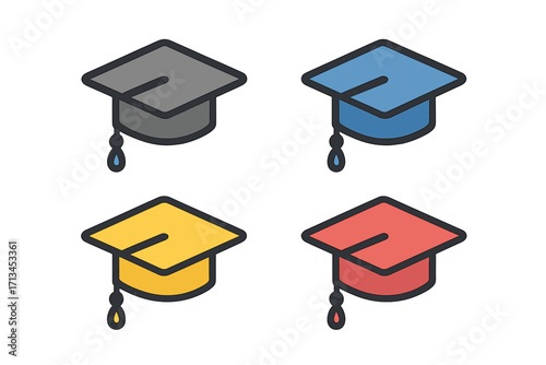 Graduation cap vector icon set. Colorful mortarboard collection for education, university. Academic success, diploma ceremony, school, learning. Student hat illustration.