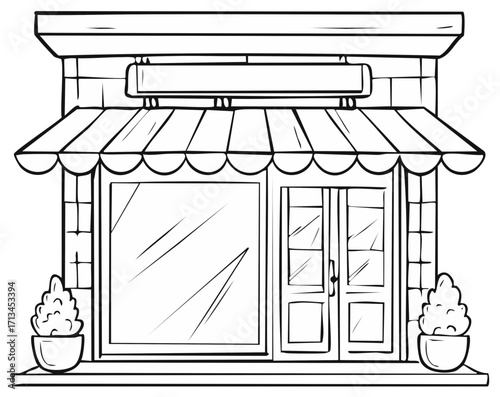 Storefront Outline Drawing with Awning and Planters Line Art
