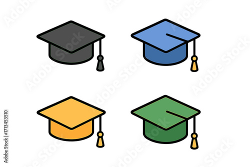 Set of colorful graduation cap icons. Vector illustration for education, university, and college. Academic mortarboard symbol for graduate ceremony, student achievement, learning.