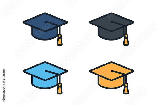 Set of graduation cap vector icons. Mortarboard hat symbol for education, university, college degree. Student achievement pictogram for web, app, card design. Flat linear style.