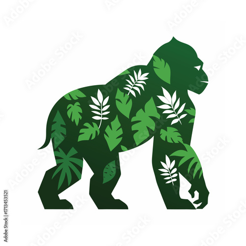 Gorilla Silhouette Filled with Tropical Leaves on White Background