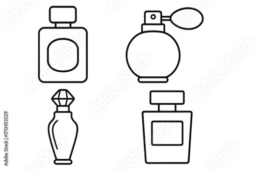 Set of perfume bottle outline icons. Vector line art illustration of fragrance, cologne, and scent containers. Cosmetic, beauty, and fashion symbols for graphic design.