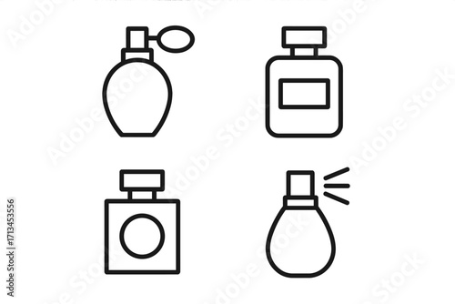 Perfume bottle line icon set. Fragrance, scent, and cologne symbols. Vector outline illustration for beauty, fashion, and cosmetic concepts. Isolated spray and atomizer flacons.