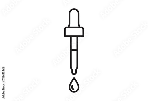 Line art icon of a medical or laboratory dropper with a single liquid drop falling from its tip, symbolizing precision and measurement.