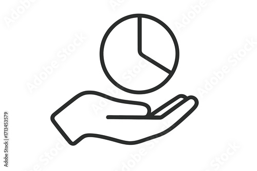 Hand holding pie chart icon. Data analysis, statistics, and business presentation concept. Infographic element for finance report, market share, or analytics. Vector line art.