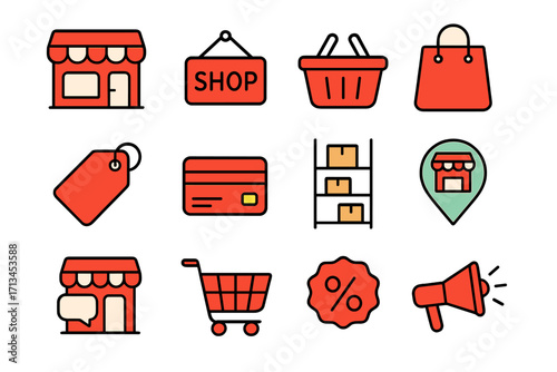 E-commerce and online shopping vector icon set. Collection of simple linear filled color pictograms for business. Includes store, cart, sale tag, discount, and payment.