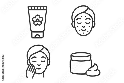 Skincare minimalist line icon set. Face with acne, applying cream, cosmetic tube and jar. Dermatology, beauty routine, skin treatment concepts. Vector pictogram illustration.