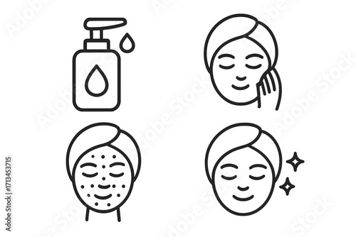 Skincare routine line icon set. Face cleansing, acne treatment, and glowing skin pictogram. Cosmetics, dermatology, and beauty concept. Vector illustration for web and apps.