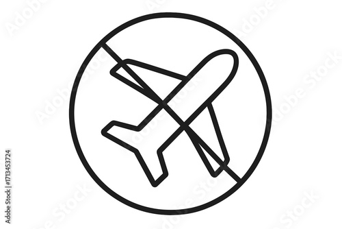 No planes icon. Flight prohibition symbol. Travel ban sign. Canceled flight and airport closed concept. Fear of flying, aerophobia. Stop air travel. Grounded aircraft vector.
