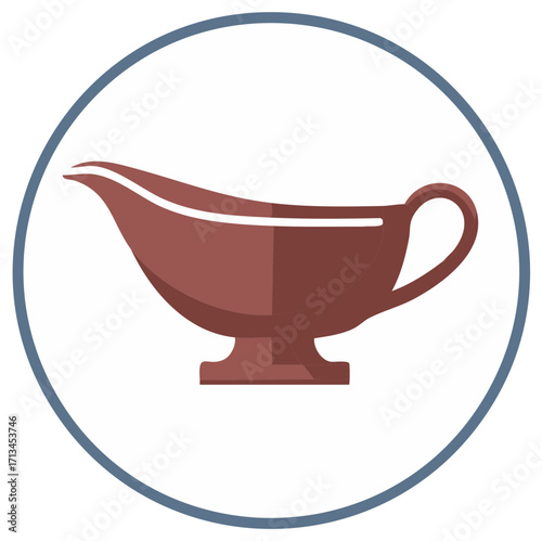 Simple illustration of a brown gravy boat with a handle inside a circular frame
