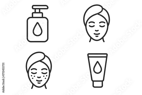 Skincare beauty routine line icon set. Face care cosmetic product. Woman with towel on head. Cream tube, soap dispenser. Spa treatment, clean skin, face mask vector.