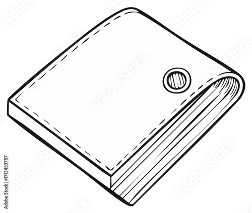 Hand drawn open wallet with button detail and stitched edges