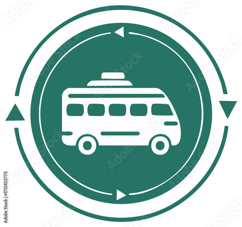 Illustration of a campervan in a green circle with arrows representing travel and journey