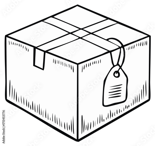 Cartoon illustration of a parcel with shipping label, a simple box in line art.