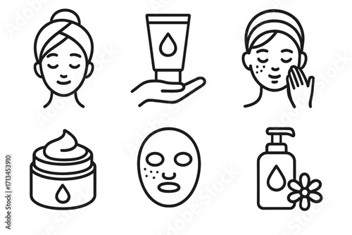 Skincare routine line icon set. Face cleansing, moisturizing cream, cosmetic lotion, acne treatment, beauty sheet mask. Dermatology, spa procedure, cosmetology symbols.