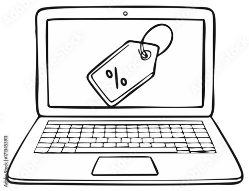 Laptop with a discount tag on screen illustrating online sale or promotion.