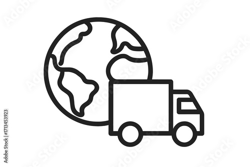Global delivery service and worldwide shipping icon. International logistics and freight transportation concept. Truck with planet Earth symbol for web, business, and e-commerce.