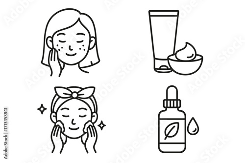 Skincare routine icon set for beauty and dermatology. Woman cleaning face, applying cream for acne. Cosmetic serum, cleanser line art vector for web and apps.