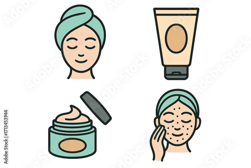 Skincare icon set. Woman face with acne and clean skin. Beauty routine and cosmetic products for skin problem treatment. Cream tube and jar. Dermatology vector illustration.