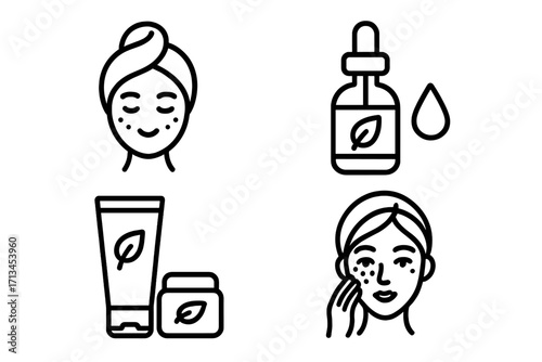 Skincare routine line icon set. Woman face with acne, blemishes. Natural cosmetic product. Serum oil dropper, cream tube and jar. Dermatology beauty vector illustration.