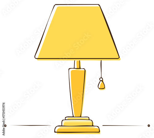 Modern yellow table lamp with black outline and pull switch vector art