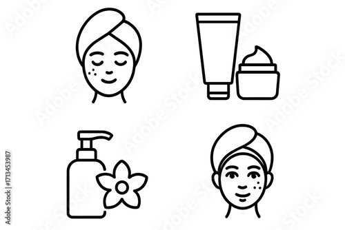 Skincare routine line icon set. Woman face with towel, acne treatment, cosmetic cream tube and lotion bottle. Spa, beauty, and dermatology vector illustration symbols.
