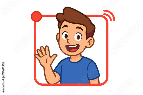 Social media live streaming concept. Man in video call avatar frame. User profile character waving hello. Online broadcast, webinar or vlog. Vector cartoon illustration.