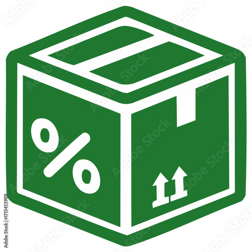 Green shipping box icon with percentage symbol and up arrows for delivery concept
