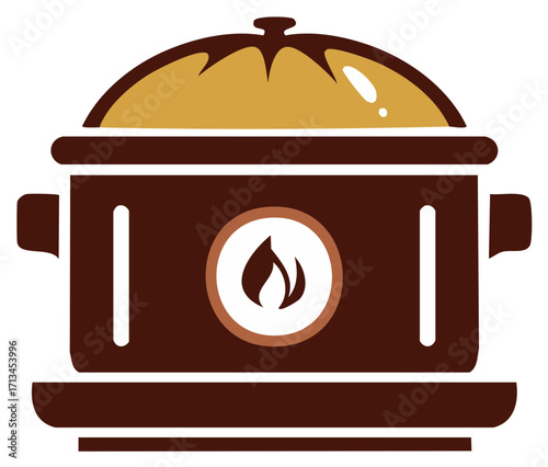 Illustration of a brown slow cooker or crock pot with a flame icon.