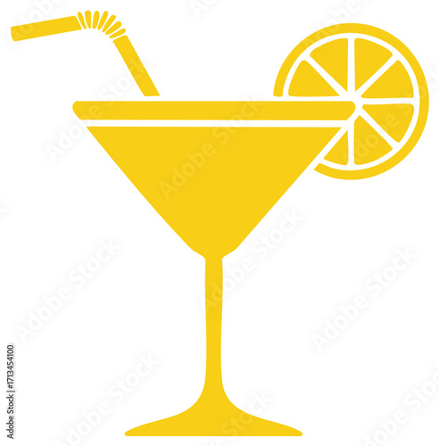 Yellow cocktail illustration with lemon slice and straw, bar beverage