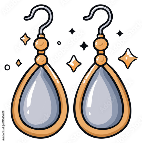 Drawn illustration of two gold and silver earrings with sparkling stars