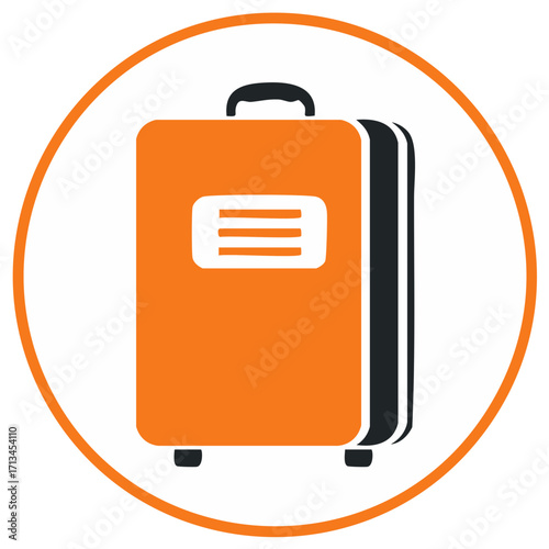 Iconic orange suitcase with black handle and wheels within an orange circle for travel