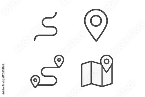 Map location pin and route line icon set. GPS navigation, travel destination, and path finding outline symbols. Minimal vector illustration for web, app, UI, UX design.