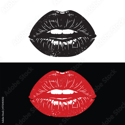 Two stylized representations of open female lips, one in black and one in red, with a textured, distressed effect.