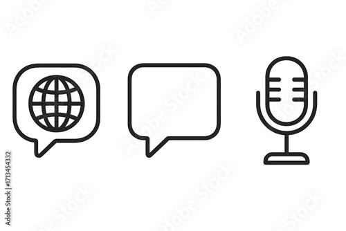 Communication and talk outline icon bundle. Simple icons of speech bubble, globe, microphone for graphics, apps. Vector concept for podcast, interview, voice, web, chat.