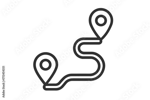 Route icon with two location pins showing start and end destination. Path, journey, or distance concept. Navigation symbol for map or GPS. Waypoint line art vector illustration.