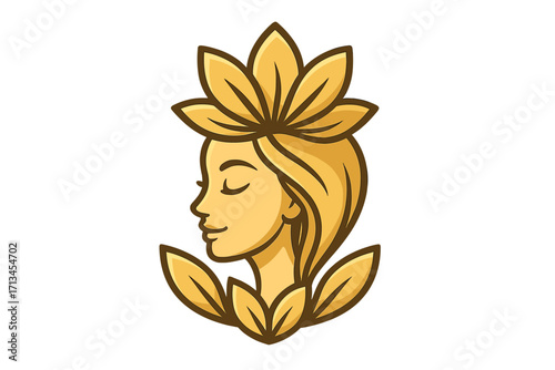 Golden woman face logo with lotus flower crown for beauty spa salon. Natural cosmetics symbol. Elegant female queen profile for skincare brand identity and wellness vector.