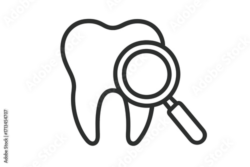 Dental checkup, tooth inspection with magnifying glass. Dentistry research concept. Oral health care, stomatology. Find caries, search for decay. Diagnosis of a dental problem.
