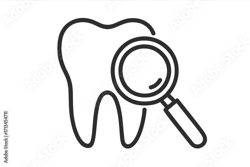 Dental check-up icon with tooth and magnifying glass. Concept for dentistry, oral healthcare, diagnostics, caries detection, and medical search. Vector line illustration.