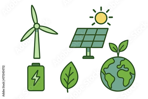 Green energy vector icon set for sustainability. Renewable power sources illustration with wind turbine, solar panel, battery, and planet earth. Eco friendly concept.