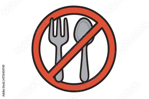 No food allowed sign. Fork and spoon in red crossed circle. Eating prohibited symbol. Vector icon for public places and restaurants. Fasting or diet concept illustration.