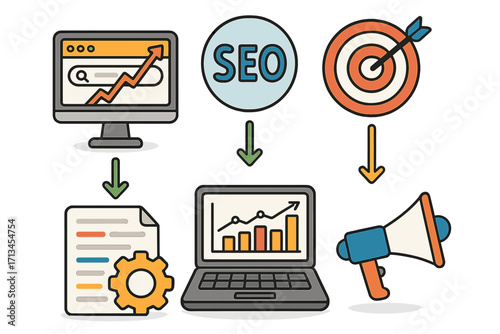 SEO marketing strategy infographic. Vector concept for digital business promotion, data analysis, and content optimization. Web analytics and keyword targeting for growth.