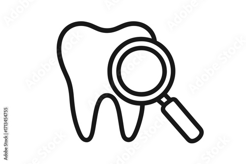 Tooth with magnifying glass icon for dental check up. Oral health examination concept. Stomatology, dentistry diagnostic symbol. Dental care and hygiene analysis sign.
