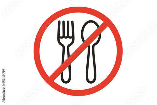 No food allowed sign. Vector icon of no eating. Fork and spoon in red prohibition circle. Forbidden symbol for public places. Fasting, diet, restriction, or hunger concept.