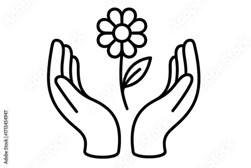 Hands holding flower line art icon. Vector logo concept for care, growth, nature, and environmental protection. Symbol of life, hope, support, charity, and wellness.