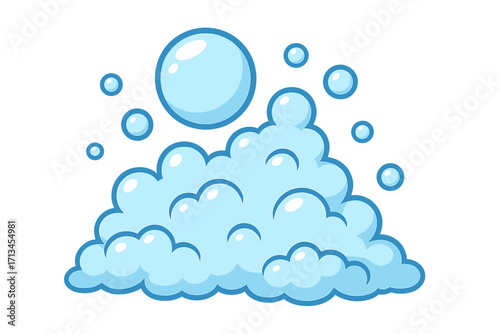 Vector illustration of soap foam and bubbles. Simple icon set for washing and cleaning concepts. Blue suds and lather graphic element for apps and design projects. Cleanliness.