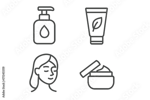Skincare and beauty routine line icon set. Vector symbols for cosmetics, hygiene and wellness. Includes face cream, organic lotion, soap dispenser and woman's face. Spa treatment.
