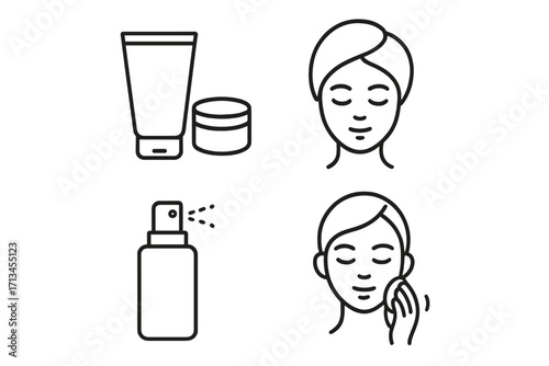 Skincare routine line icon set. Woman cleaning face with cotton pad, cosmetic cream tube, jar, spray bottle. Facial treatment, dermatology, cosmetology minimalist vector icons.