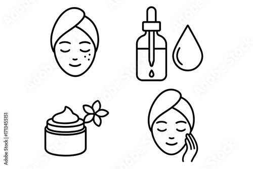 Skincare beauty routine line icon set. Cosmetology, dermatology symbols. Face with towel, cream, serum dropper, oil drop. Self care, spa, facial acne treatment concept.